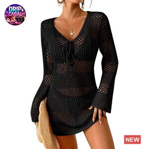Crochet Coverup Long Sleeve V Neck Beach Knit Bathing Suit Cover Up